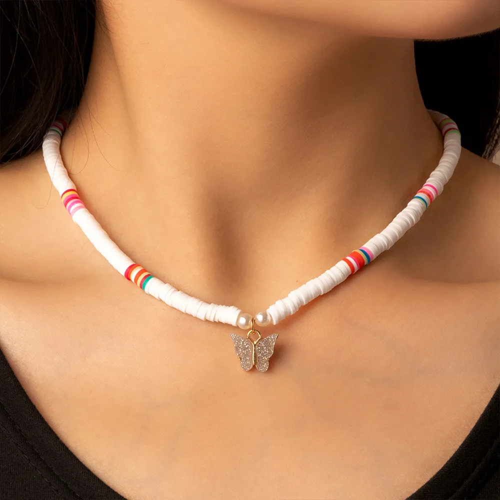 

Acrylic Butterfly Pendant Polymer Clay Necklace Soft Pottery Choker Necklace Colorful Beads Collar Handmade Jewelry