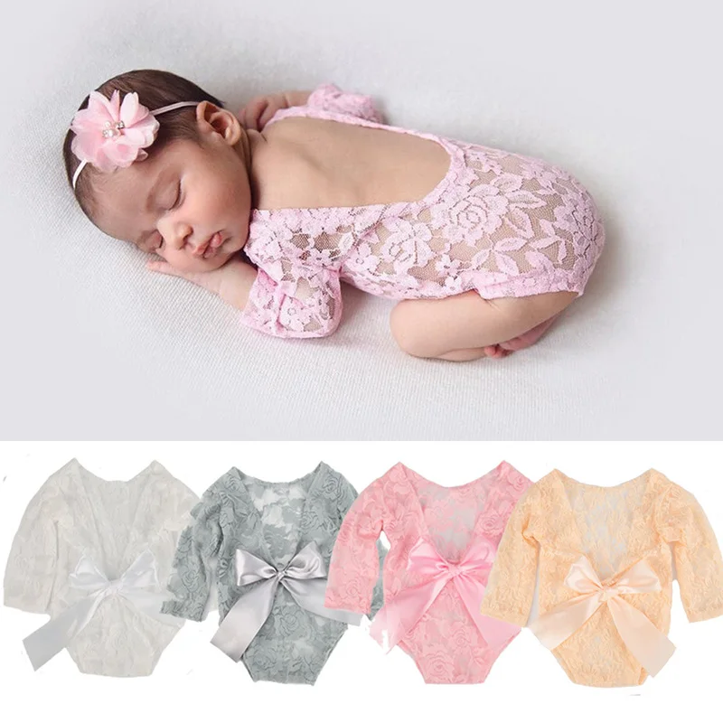 

Cute Princess Newborn Photography Props Crochet Clothes Lace Bowknot Infant Baby Photography Jumpsuit Flower Hairband Set 2 Pcs