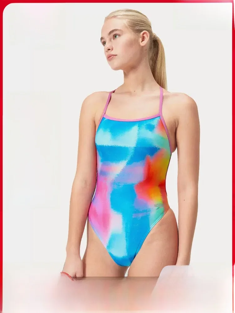  Retro Spaghetti Strap Chlorine-Resistant High-Efficiency Professional Training One-Piece Swimsuit Women 2024 New