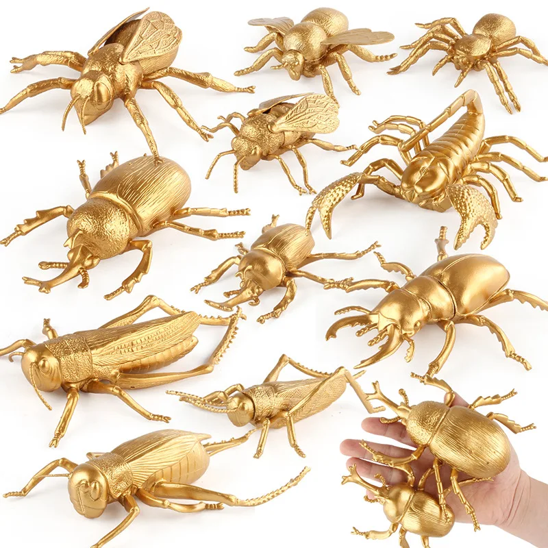 

golden big size Insect model Figure Figurines toys plastic Simulation cricket Uang bee Spider Spade beetle kid Educational toys