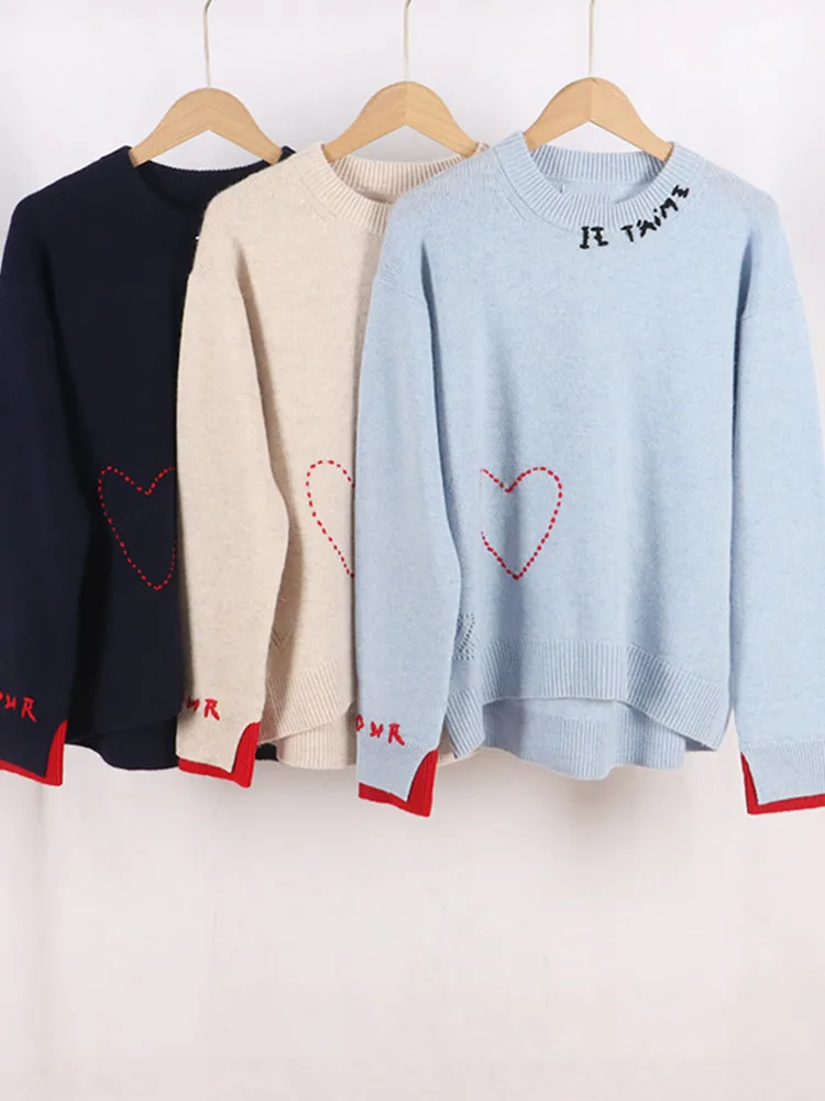 

Women Sweater Letter Heart-shaped Embroidery Casual Jumper