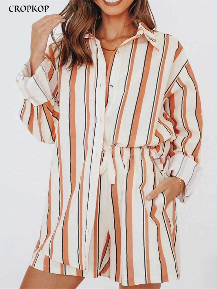 

Striped Women's Tracksuit Casual Chic Suits With Shorts And Loose Long Sleeve Shirt Spring Summer 2022 New Two Piece Set Women