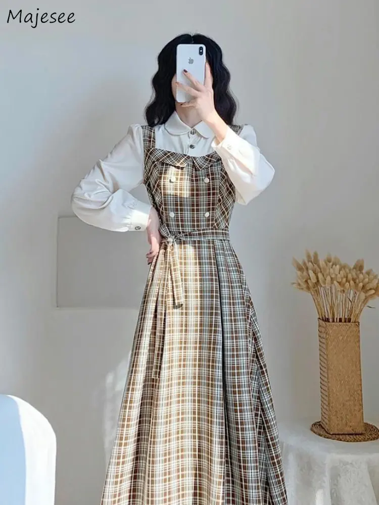 Dresses Women Autumn New Arrival Plaid Vintage French Style Fake Two Pieces Vestidos De Mujer All-match College Tender Casual