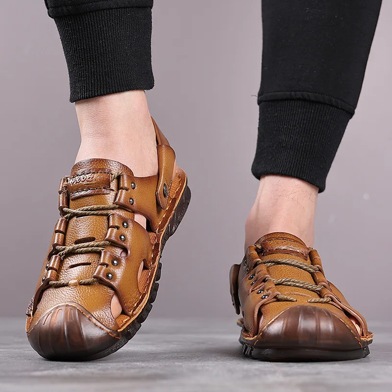 SALUDAS Men's Slippers Summer Beach Sandals Cowhide Genuine Leather Handmade Luxury Casual Sandals Non Slip Men's Shoes