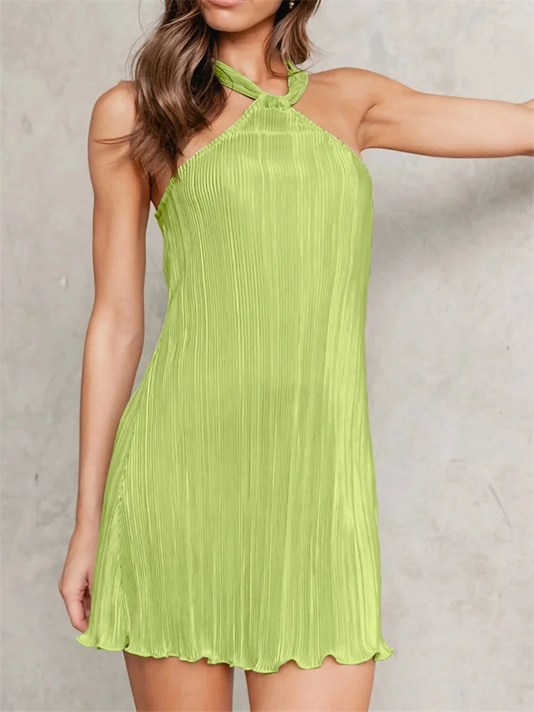 

hirigin Women Halter Off Shoulder Ruched Mini Dress Fashion Solid Slim Fit Short Dresses Loose Summer Party Clubwear Vestidos