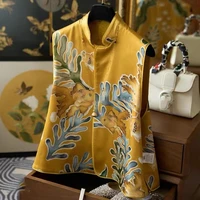 women reversible clothes elegant chinese style yellow vest vintage cheongsam tops sleeveless coat retro print qipao waistcoat