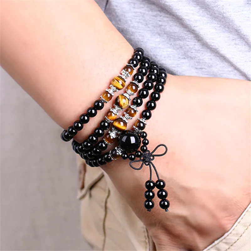 

108 Beads Obsidian Beaded Mala Rosary Prayer Bracelet Men Buddhist Buddha Meditation Tiger Eye Stone And Wood Bracelet For Women