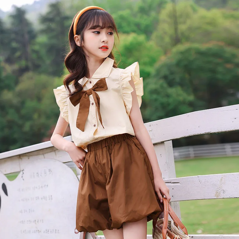 

Summer Suit for Girls 2023 New Children Bow Tie Short Sleeve + Loose Shorts 2pcs Set Teenager Cute Clothing 6 8 10 12 14