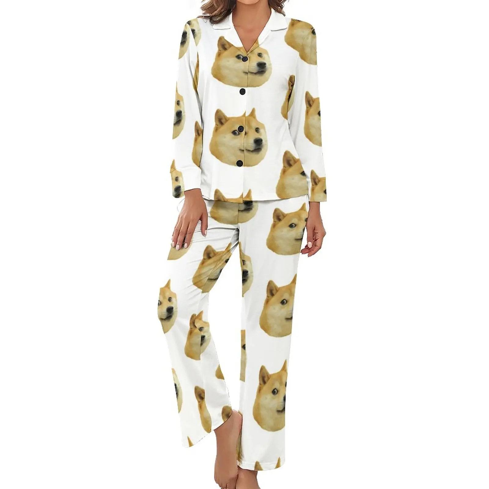 

Funny Doge Meme Pajamas Animal Print Bedroom V Neck Sleepwear Female 2 Pieces Printed Long Sleeves Lovely Pajamas Set