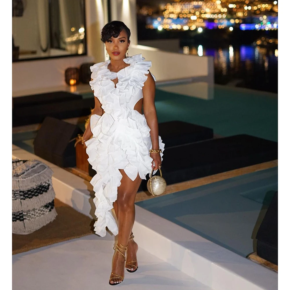 

Женское платье с V-образным вырезом, белое Плиссированное Тюлевое платье для выпускного вечера, короткое элегантное вечернее платье по индивидуальному заказу