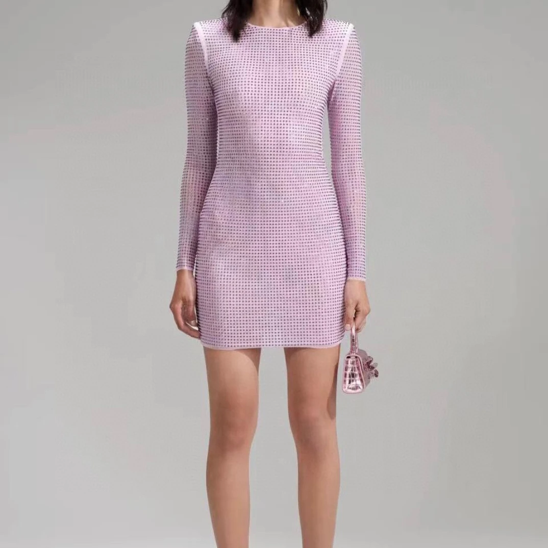 

Hot Sale 2022 Latest Top Quality Autumn Winter Luxury Light Violet Long Sleeve Diamonds Slim Fit Mini Dress Women