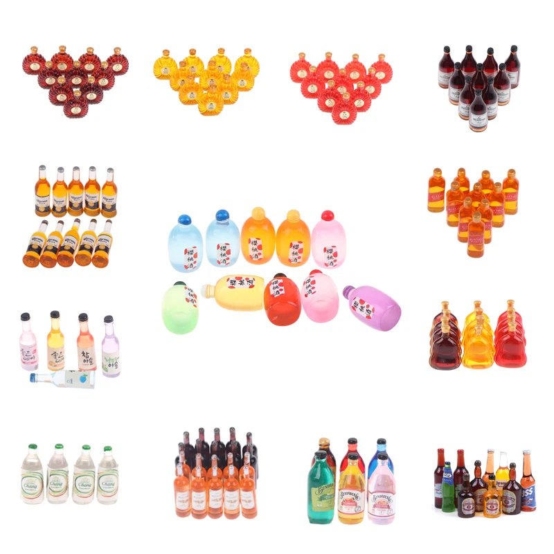 

Миниатюрные полимерные бутылки для напитков для кукольного домика, 10 шт., 1/12, имитация бутылок для напитков, бокалы, пивные чашки для украшен...
