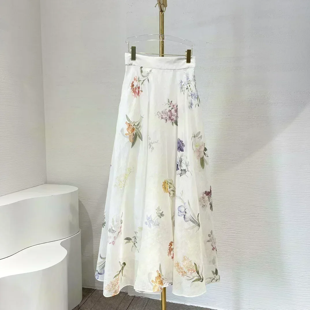 Льняная шелковая белая блузка с длинным рукавом-фонариком и воротником-стойкой