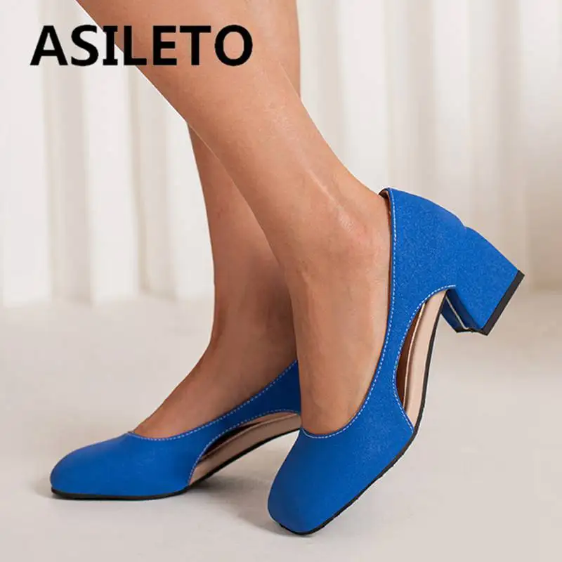 

ASILETO Brand Women Pumps Square Toe Block Heel 5.5cm Slip On Solid Concise Female Shoes Big Size 46 47 48 Daily Shallow S4787