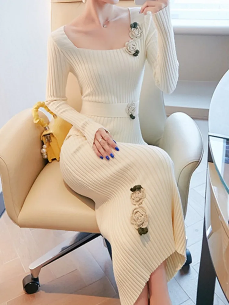 

Fashion Elegant Bodycon Midi Women Knitted Sweater Dress Autumn Winter Slim Casual Party Vintage Vestidos Femme Clothes Robe