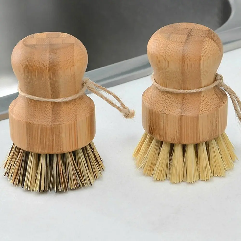 

1PC Cleaning Brushes Round Short Handle Natural Bamboo Dish Scrub Brush Wet Cleaning Scrubber For Household Wash Dishes Pot Pans