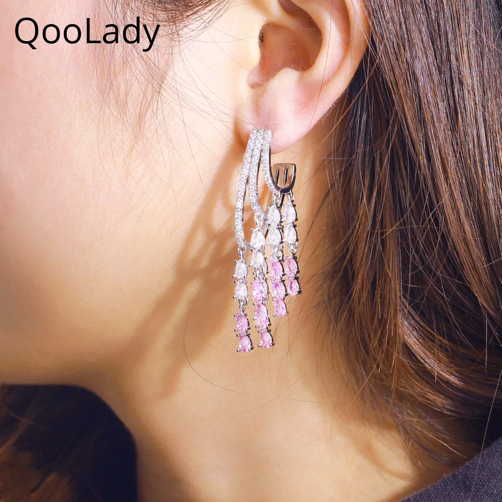 

QooLady Fashion Tassel Water Drop Design Cubic Zirconia Long Dangle Earrings for Women Engagement Jewelry Party Accessories E289