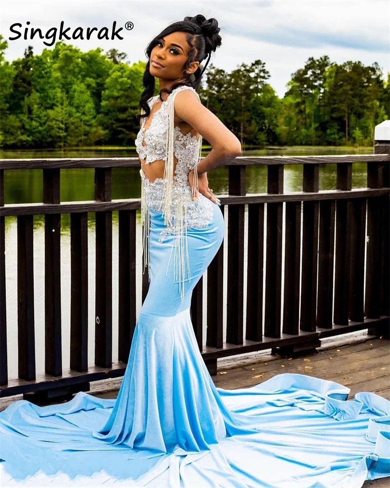 

Sexy Blue Lace Appliques Mermaid Black Girl Prom Dress 2023 Velvet Beads Tassles Graduation Party Gowns Robe De Bal