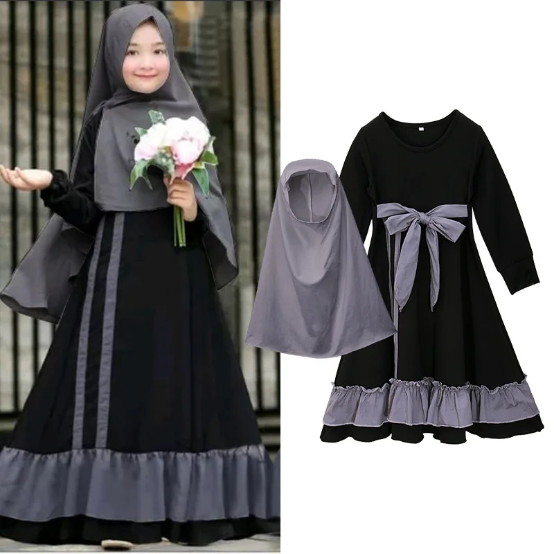 Two Piece Set Muslim Girls Dress Long Hijab Abaya Islamic Kaftan Clothing Arab Prayer Maxi Dress Burqa Khimar Jilbab Robe Gown