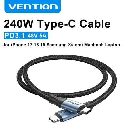 Кабель USB типа C Vention 240 Вт для iPhone 17 16 Samsung S23 Power Line PD3.1 USB C Шнур для Macbook PS5 Nintendo Switch Superchar
