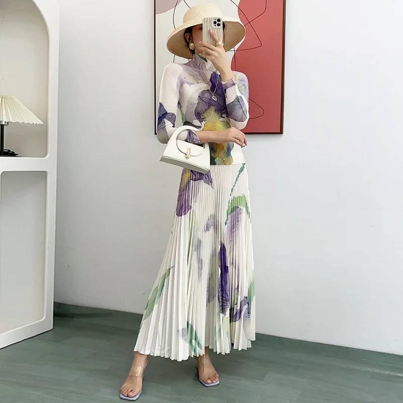 

Miyake Spring Summer New Pleated Suit Temperament Slim High Collar Printed Long-Sleeved T-Shirt A-Line Skirt Two-Piece Set Q134