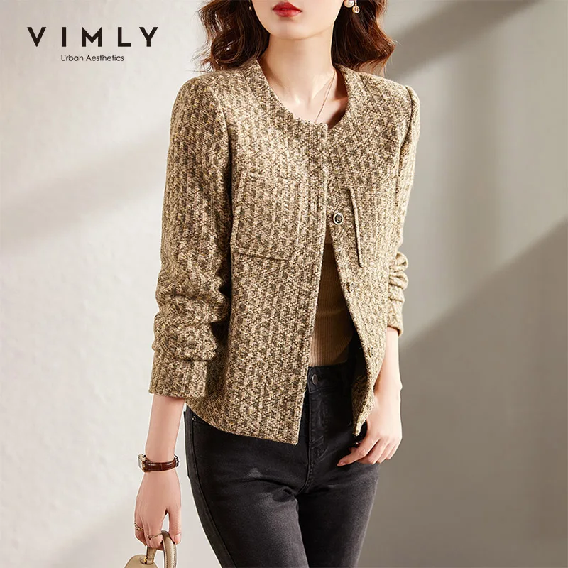 

Vimly Woolen Coat For Women 2021 Winter Elegant Thickness Short Jacket Pocket Vintage Tweed Jackets Women's Clothing F9186