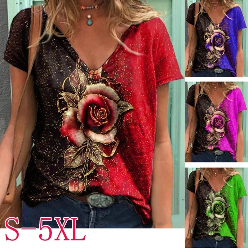 2022 Summer Women Clothing Fashion V-neck Print T-shirt Casual Short Sleeve Flower Plant Scenery Tops