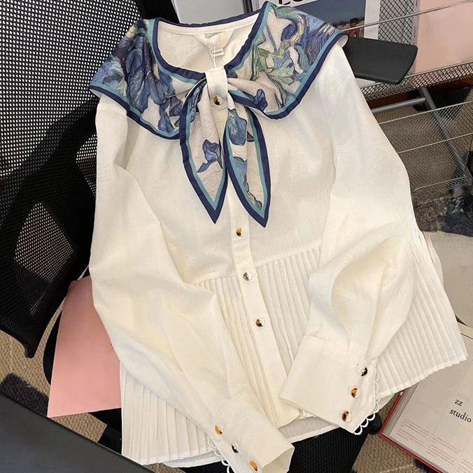

2022 Spring Light Luxury Sexy White Doll Collar Shirt Women French Fashion Shirt Top All-match Boutique Clothing Simple Style