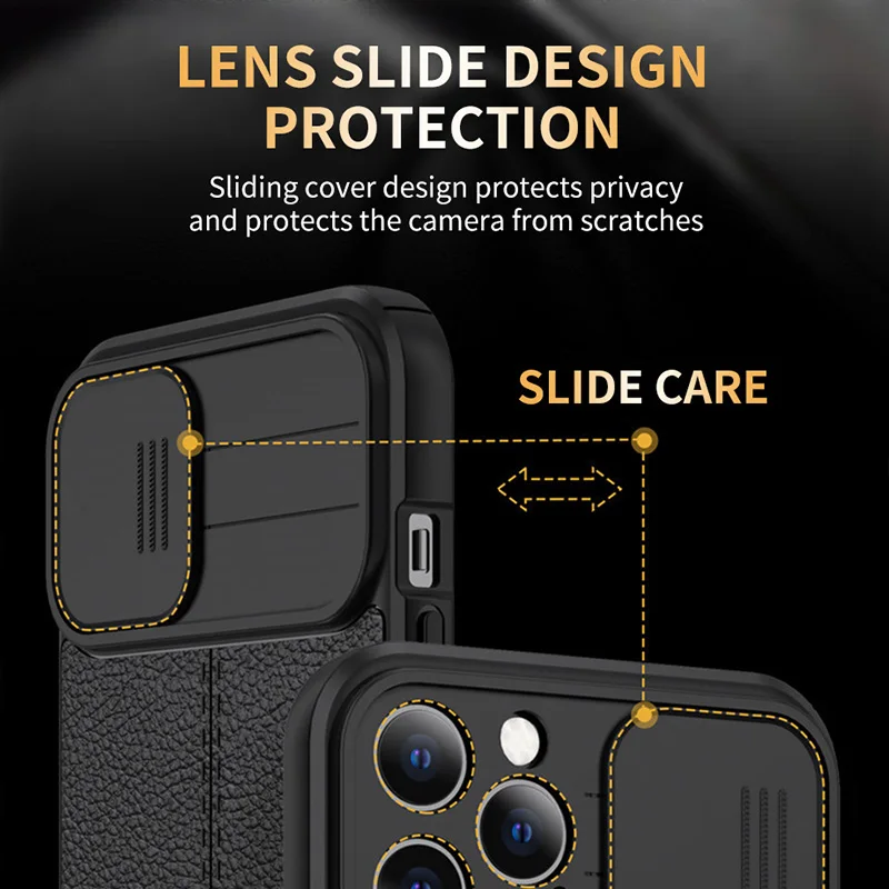 Camera Protective Slide Case On iPhone 14 13 12 11 Pro Max XS XR X 7 8 Plus SE 3 2 Business Leather Lychee Pattern Back Cover