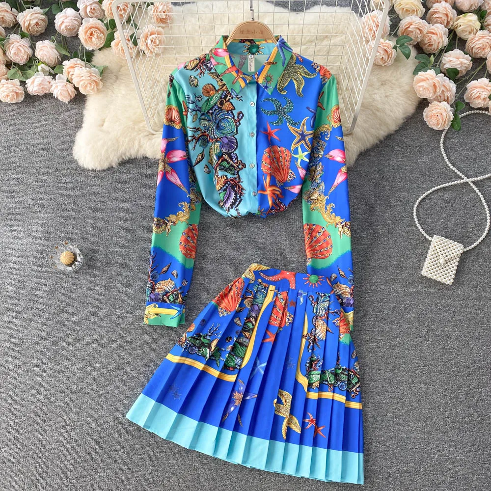 

Women New Fashion Autumn Ins Printing Casual Loose Shirt High Waist Pleated Skirt Two-piece Sets