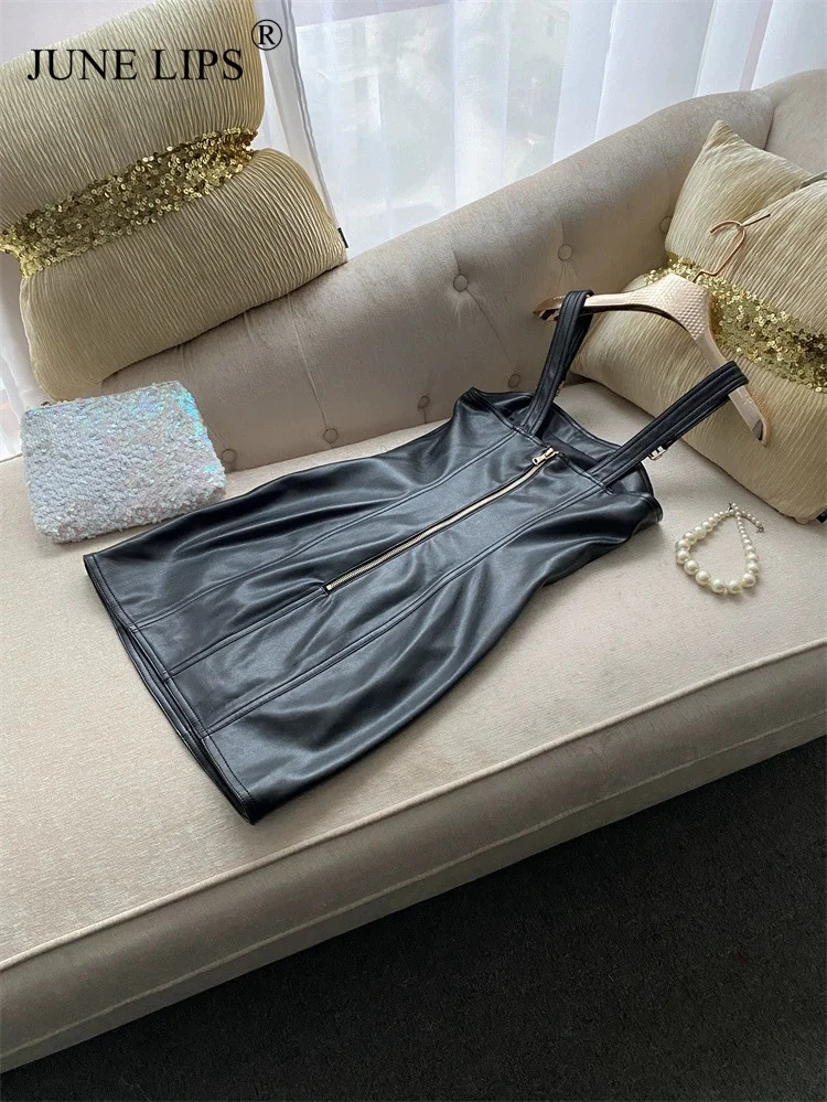 

NEW Elegant 2023 Women Faux Leather Spaghetti Strap Sexy PU Mini Dress High Quality