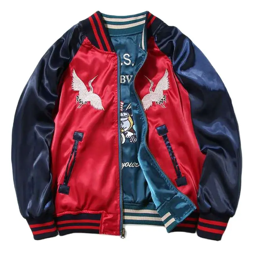 

Sukajan Satin Bomber Baseball Jacket Men Yokosuka Embroidery Double Sided Coat Varsity Male Brand Streetwear 2022 Spring