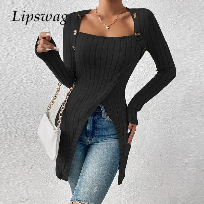 

Женское однотонное платье-пуловер с длинным рукавом, на пуговицах