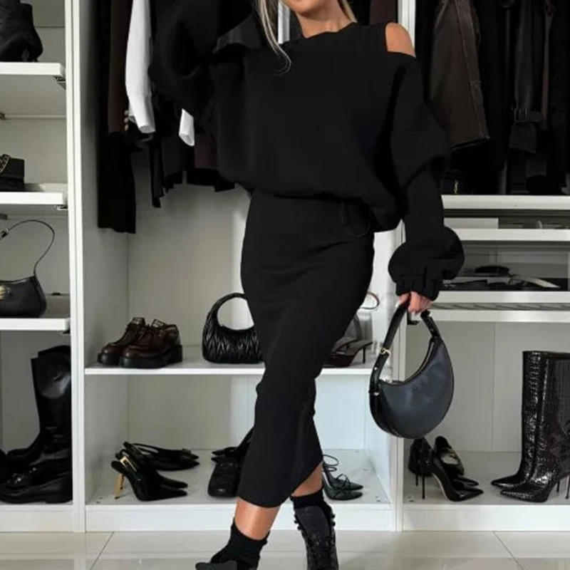 Женский винтажный костюм из 2 предметов повседневный Однотонный свитер с длинным