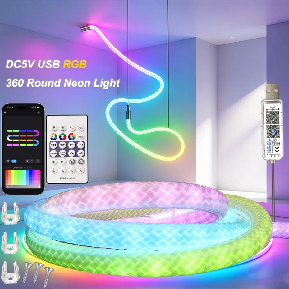 Фото Смарт 360 °   Круглый сетчатый неоновый светильник DC5V USB RGBIC, 67 светодиодов/м, 1-5 м, IP67, водонепроницаемый, гибкий, с пультом ДУ и синхронизацией музыки №1