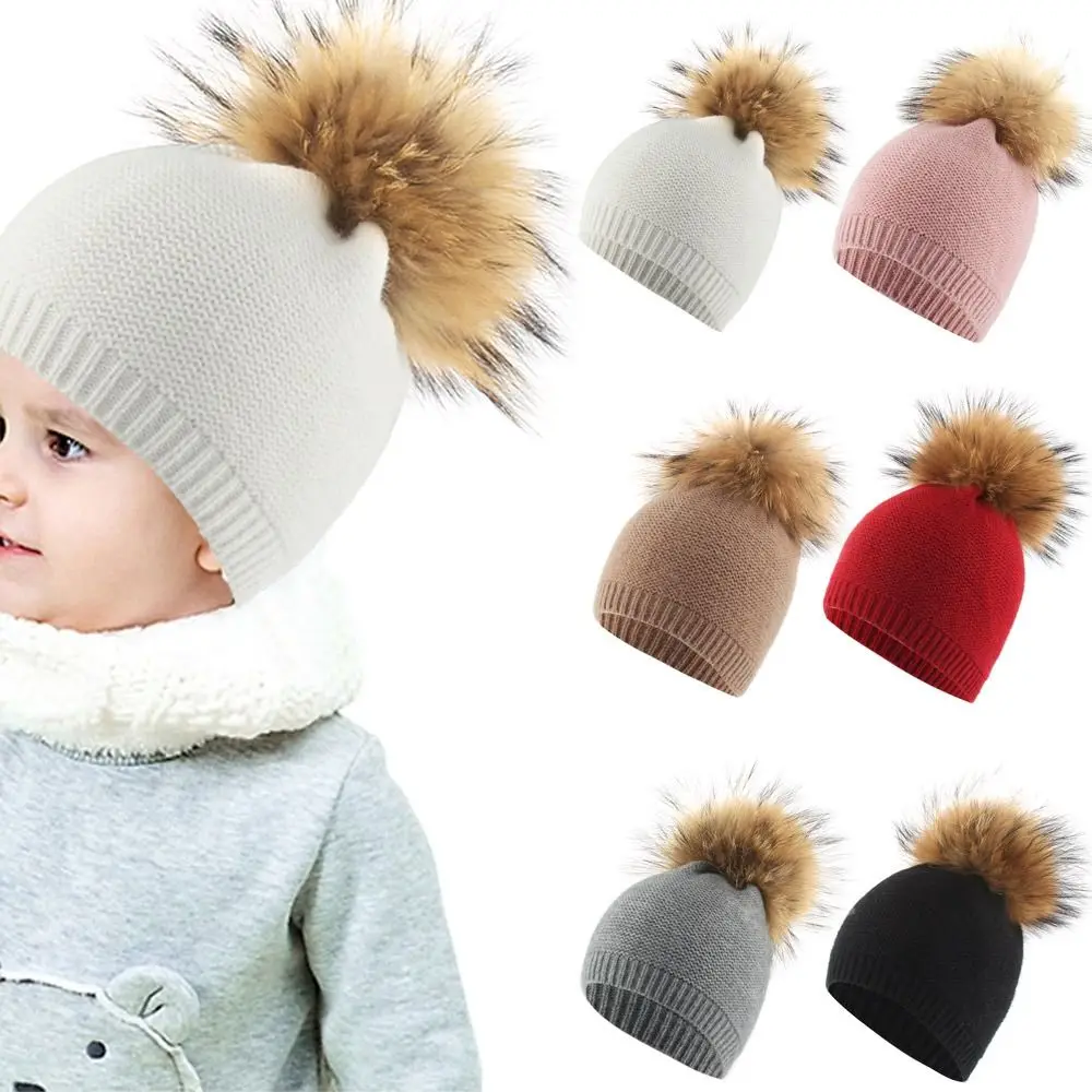 

Fashion Winter Cap Handmade Warm Fur Ball Knitted Hat Rabbit Velvet Baby Set Head Children's Hat