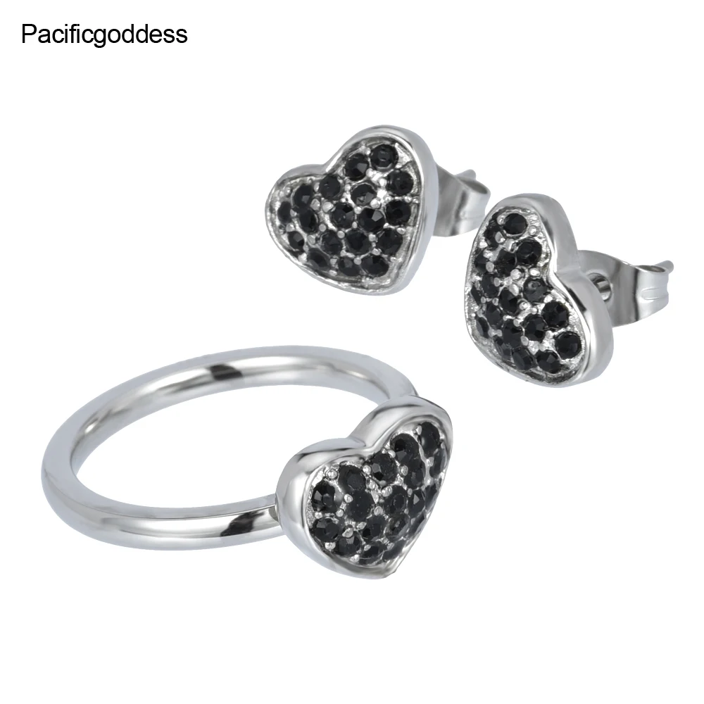 

heart black stone stainless steel jewelry women earrings and ring set