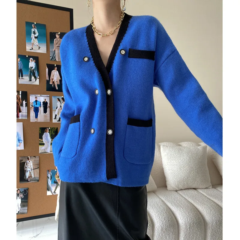 

Autumn Winter V-neck Double Breasted Knit Cardigans Women Loose Straight Pocket Sweater Coats Patckwork Knitwear Tops 2022