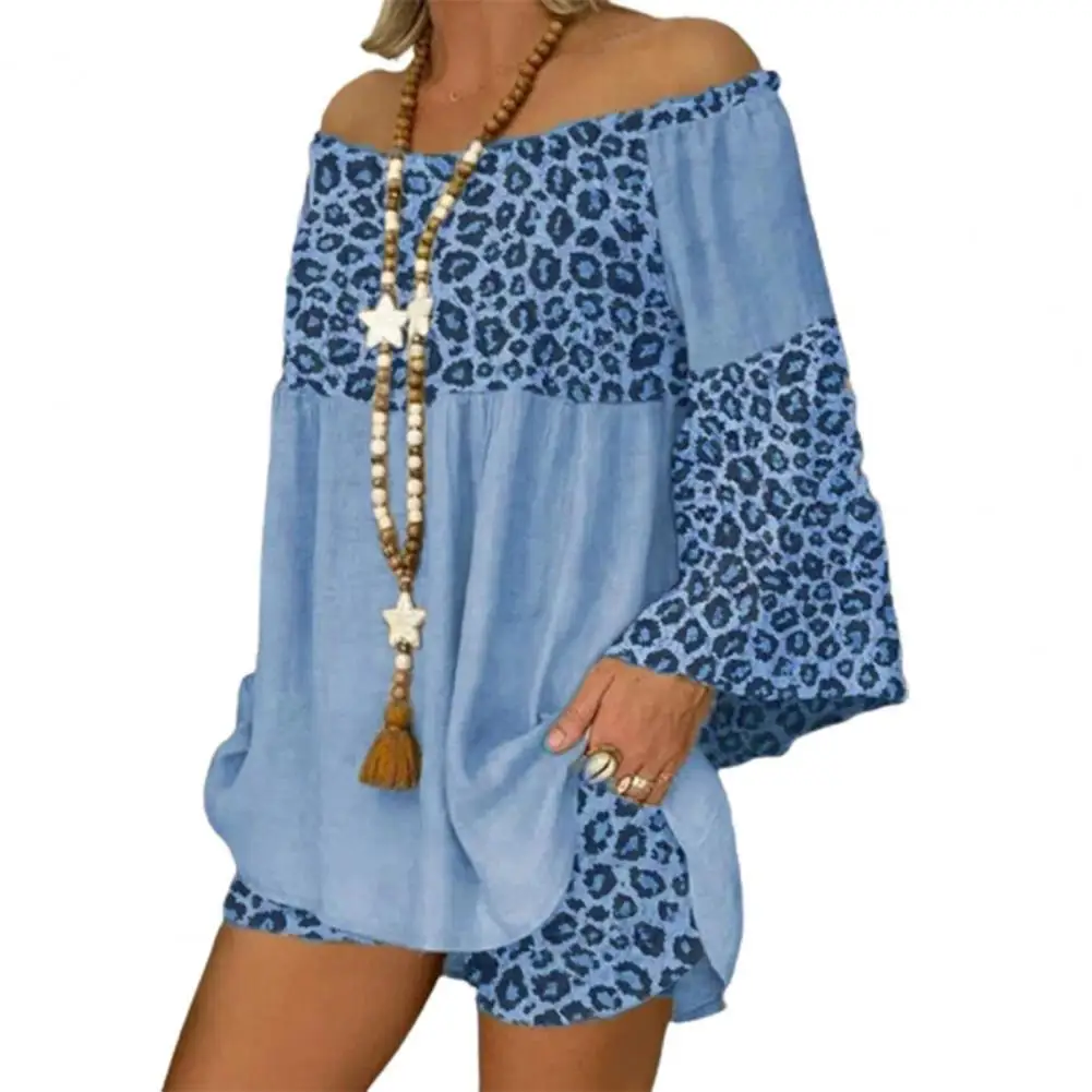 

2 Pcs Summer Top Shorts Set Elastic Waist Patchwork Contrast Color Leopard Print Off Shoulder Lady Blouse Pants Daily Clothes