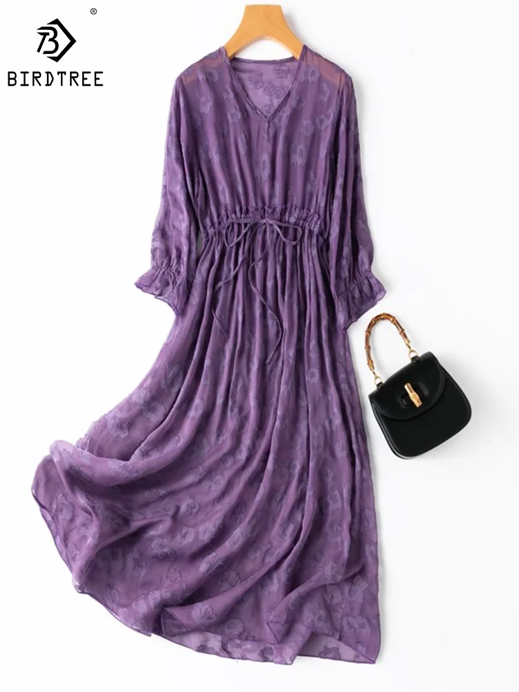 

Birdtree 100%Pure Silk Women Dress Sexy Transparent Jacquard Purple V-Neck Ruffle Belted Midi Dress Loose Spring Summer D37477QM