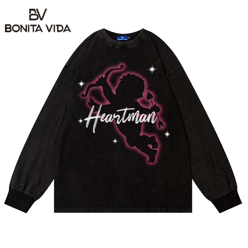 

Washed Letter Love Cartoon Print Long Sleeve Tshirt Men Streetwear Hip Hop Vintage High Street Men Harajuku Cotton Top Tee
