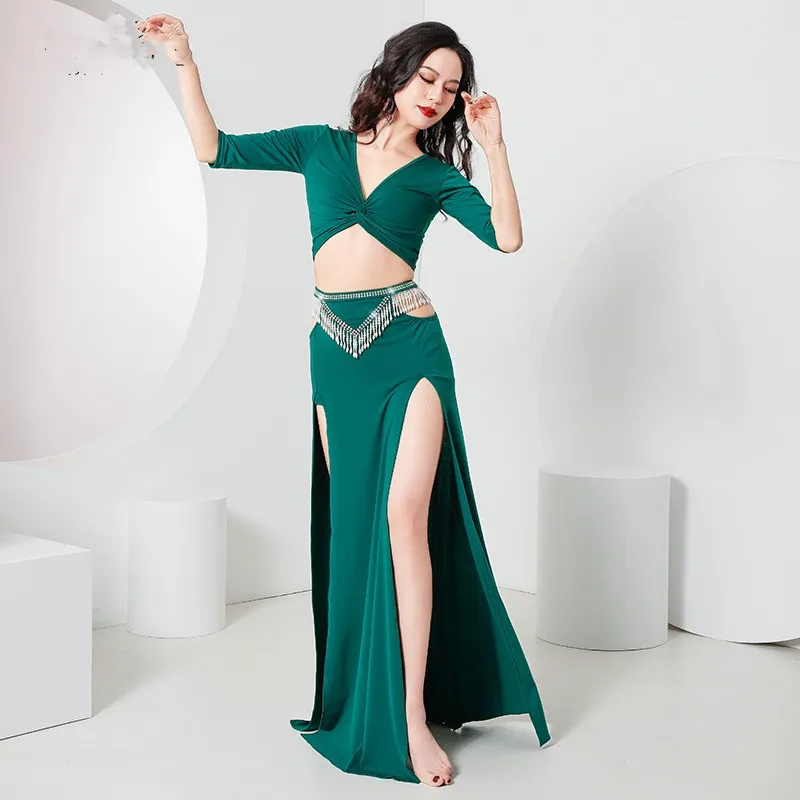 

Dancer Competition Clothes Belly Dance Costume Dress Rhinestone 2Piece Set Long Skirt Shine High Waist Sexy Show Outfit Slit New