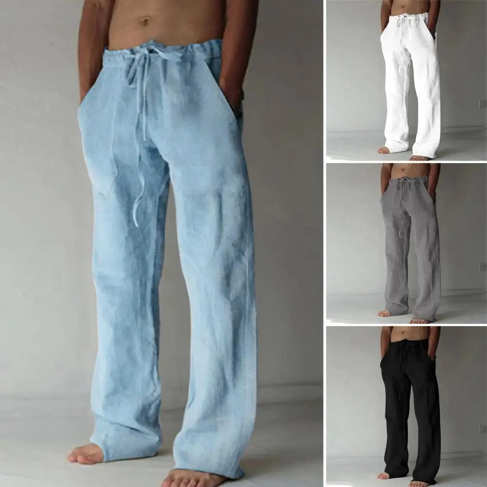

Casual Men's Cotton Linen Pants Fashion Solid Pocket Drawstring Trousers Comfort Loose Wide Leg Pant Streetwear Sweatpants