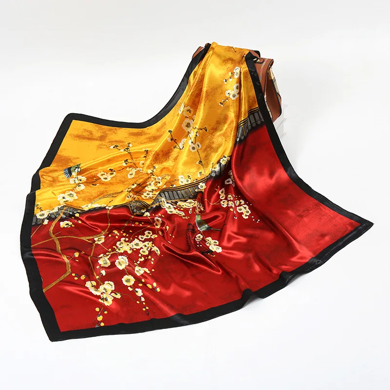 

Headcloth Popular Flower Square Kerchief Fashion 90X90CM Silk Scarves Four Seasons Luxury Bandannas 2022 Print Sunscreen Shawls