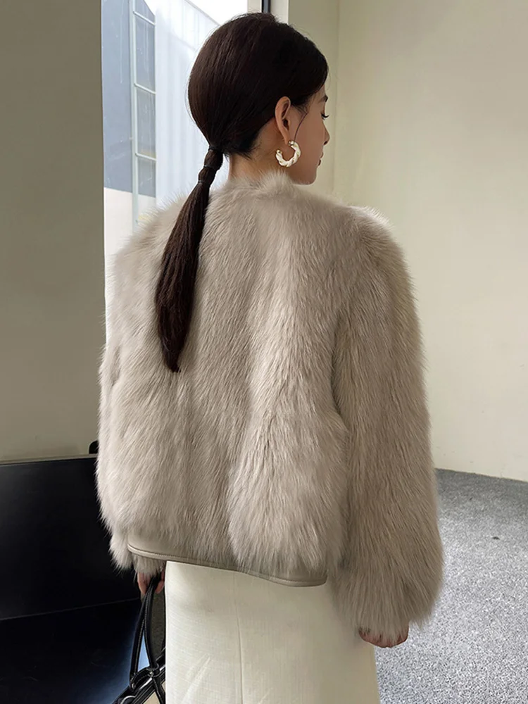 New Women Real Fur Jacket Autumn Winter Fashion Young Style Fox Fur Splicing Sheepskin Double-faced Fur Coat Goose Down Liner