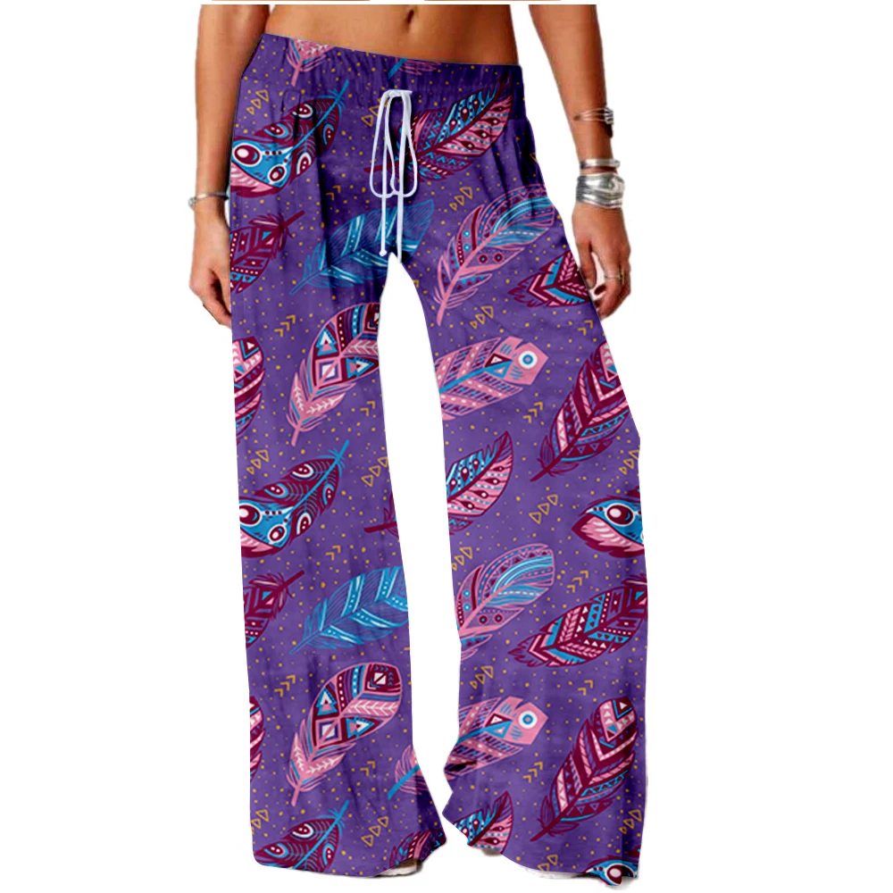 

Ladies Wide Leg Feather Print Loose Summer Sports Fashion Bottoms Street Casual Pants