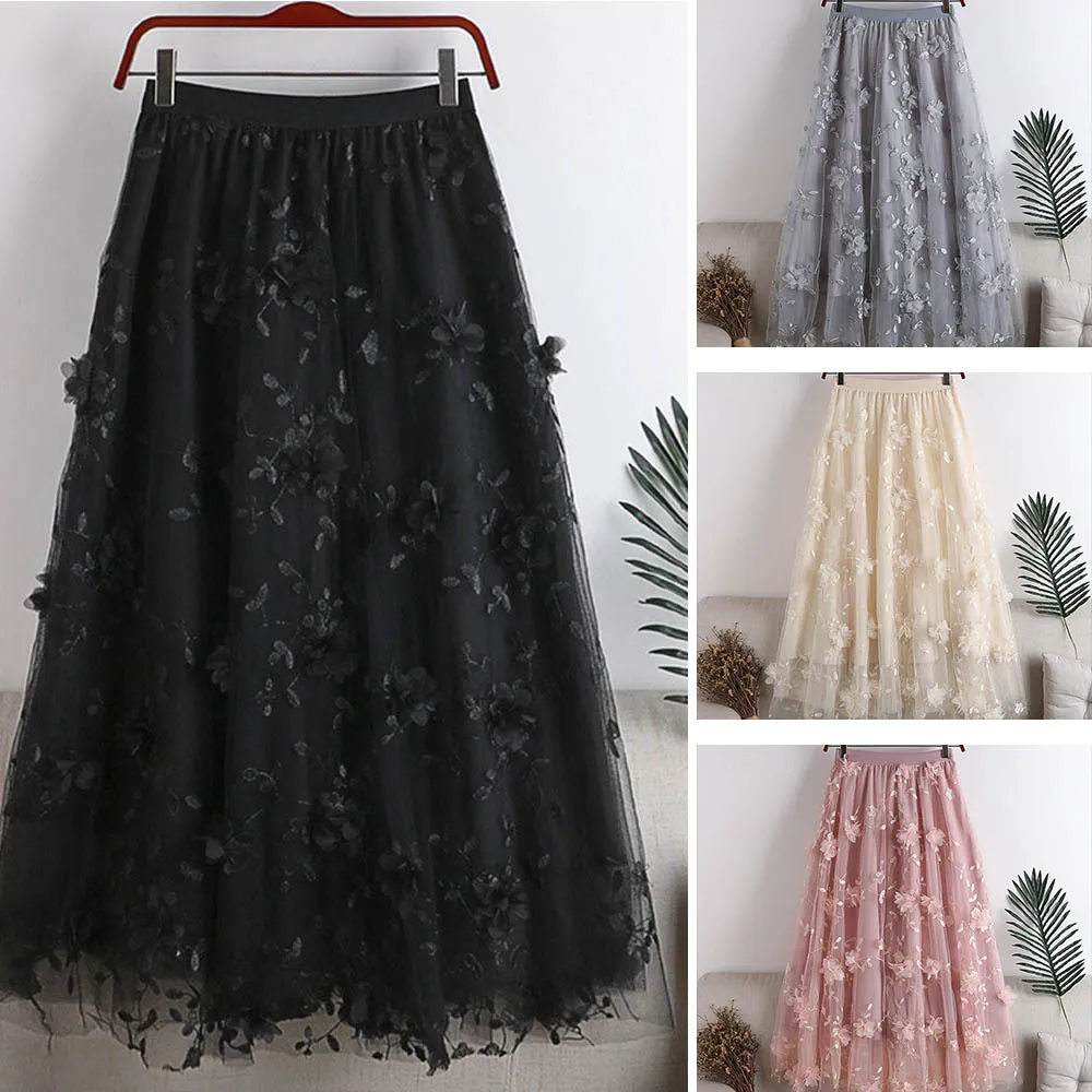 

Women High Waist Skirt Double-Layer Mesh Embroidery Flower Thigh Long Skirt Skirts for Women Tennis Skirt Midi Skirt NIN668