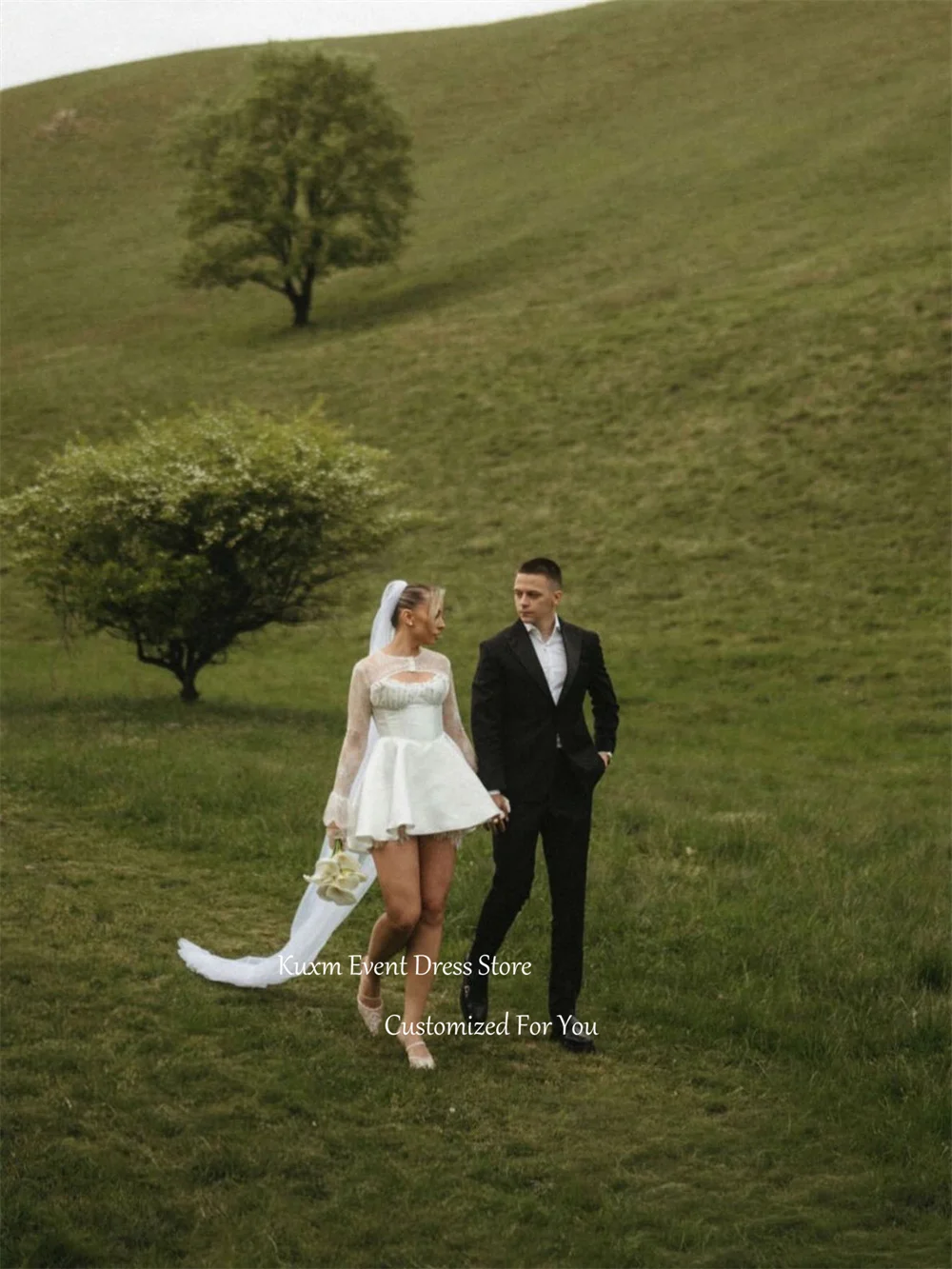 Фото Свадебное платье Kuxm White Sweetheart A-Line без рукавов из атласа с кружевными аппликациями, короткое, для свадебной вечеринки, на заказ №3
