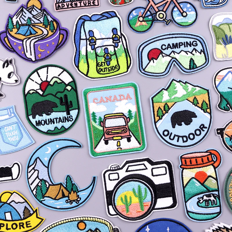 

Outdoor Camping Patch Iron On Embroidery Patches For Clothing Thermoadhesive Patches For Clothes Mountain Landscape Stickers DIY