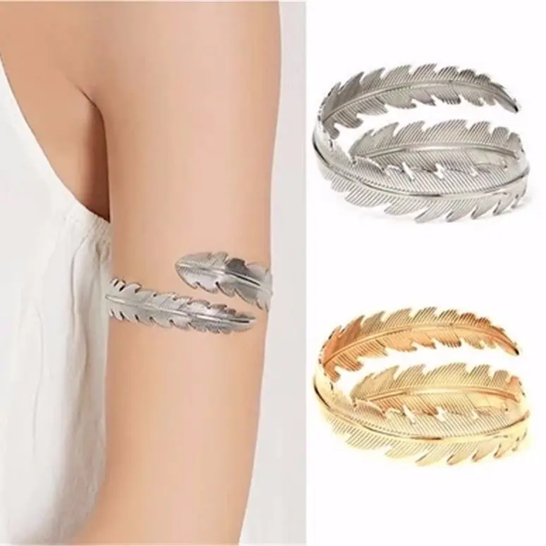 

Винтажный богемный Браслет 2022 с золотыми зернистыми перьями, крутящимися змеиными манжетами, браслет на руку, большой браслет для женщин, б...